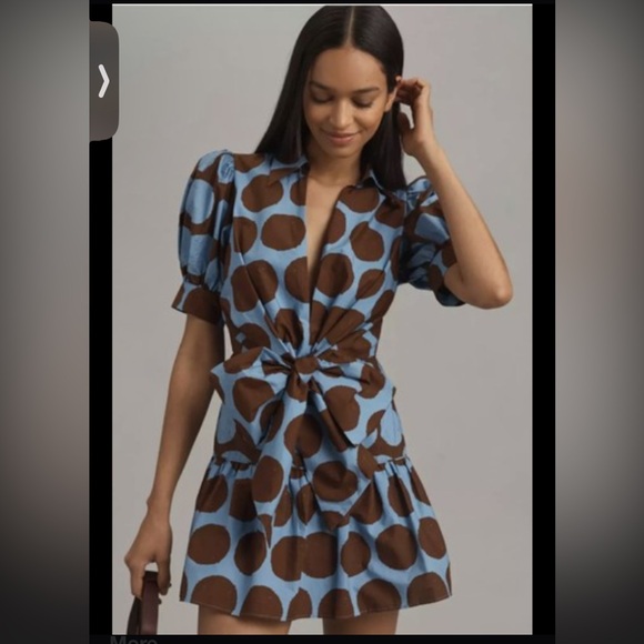 Farm Rio for Anthropologie Blue and Brown Polka Dot Dress. Medium NWOT - Picture 2 of 15